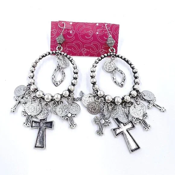 NWT – Charming Charlie – Cross & Disk Charms Silver Tone Dangle 4” Earrings - Picture 7 of 9